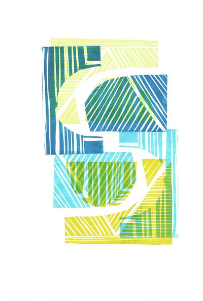 1973 I, 2016 (linoleumsnitt på papper) av Stephen Dow