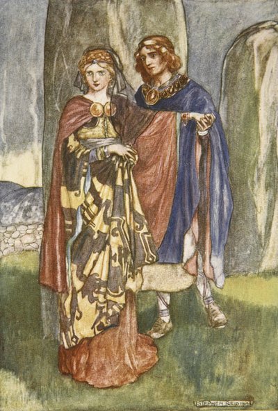 Cuchulain pratar med Emer, illustration från "Cuchulain, The Hound of Ulster", av Eleanor Hull (1860-1935) av Stephen Reid