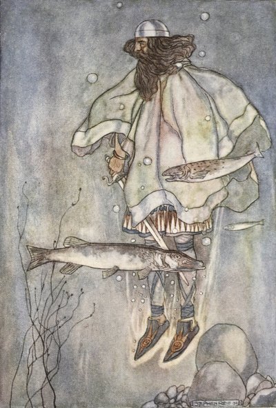 Fergus går ner i sjön, illustration från "The High Deeds of Finn, and other Bardic Romances of Ancient Ireland" av T.W. Rolleston (färg litho) av Stephen Reid