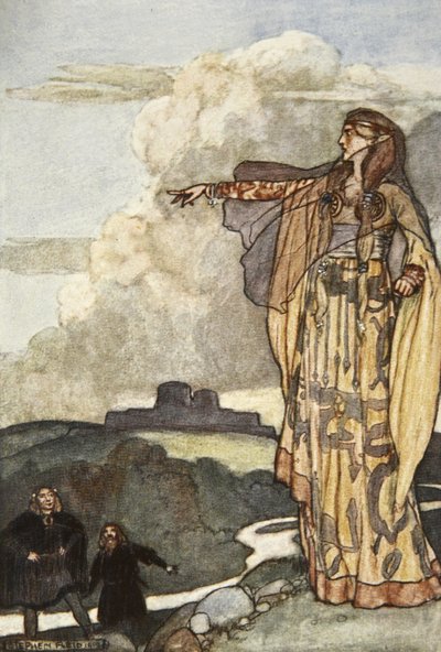 Macha förbannar männen från Ulster, illustration från "Cuchulain, The Hound of Ulster", av Eleanor Hull (1860-1935) av Stephen Reid