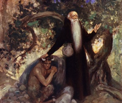 Sankt Antonius och Satyren (färg litho) av Stephen Reid