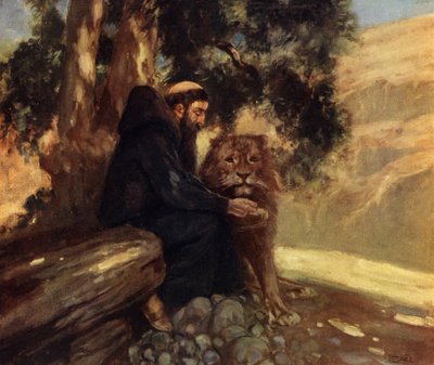 Saint Hieronymus och lejonet (färg litho) av Stephen Reid