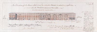 Design för husen på båda sidor av den avsedda gatan att sträcka sig i en höger linje från Mansion-House till More-Gate ödmjukt föreslagen till övervägande, 1762 (wc över penna och grafit på lagt papper) av Stephen Riou