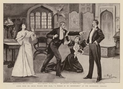 Scen ur pjäsen "En kvinna utan betydelse" av Oscar Wilde (gravyr) av Stewart Browne