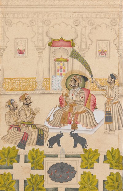 Maharana Amar Singh II visas två silverelefanter, ca. 1705. av Stipple Master