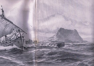 Tysk ubåt som reser genom Gibraltersundet på väg till Dardenellerna, från puben The Illustrated History of the World War 1914-1915. av Union Berlagsefellfchaft av Willy Stoewer 