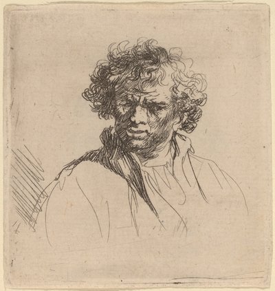 Man med lockigt huvud med sned mun av Studio of Rembrandt van Rijn
