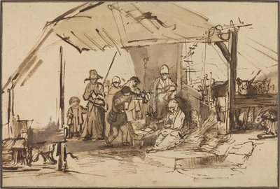 Tillbedjan av herdarna av Studio of Rembrandt van Rijn