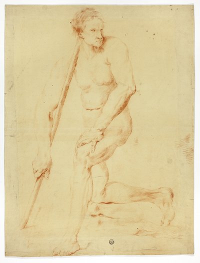 Akademisk man naken lutar sig mot personal av Style of Pompeo Girolamo Batoni