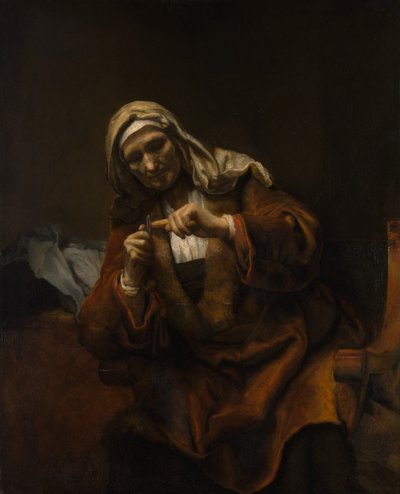 Gammal kvinna som klipper sina naglar, ca. 1655-60. av Style of Rembrandt