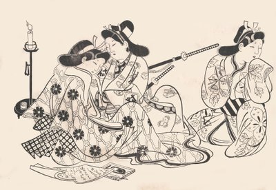 Samurajer och kurtisan sitter, en tjänare bredvid dem, ca. 1685., ca. 1685. av Sugimura Jihei