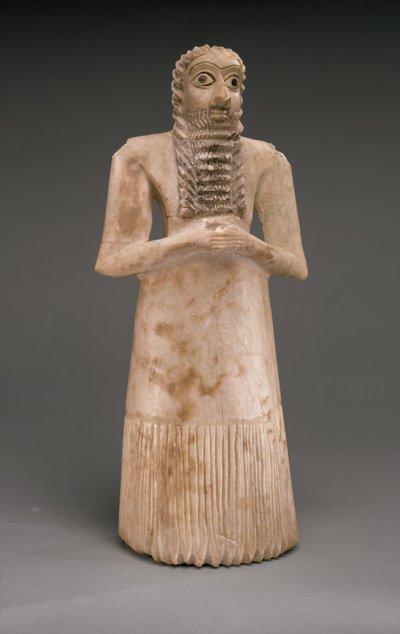 Stående manlig dyrkare, tidig dynastik, ca 2900-2600 f.Kr. (gipsalabaster, skal, svart kalksten, bitumen) av Sumerian