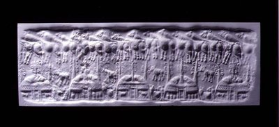 Hanterat cylindertätningsavtryck, Uruk (nu Warka, Irak), c.3300-3000 f.Kr. (gips) av Sumerian Sumerian