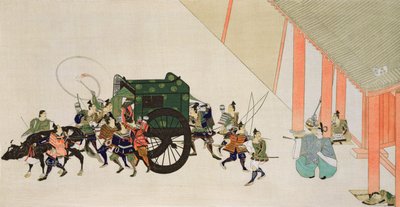 En kejsare som flyr från ett palats förklädd till en kvinna i vagn, scen från en hövisk romans från Heian-perioden, tryckt i tidningen 