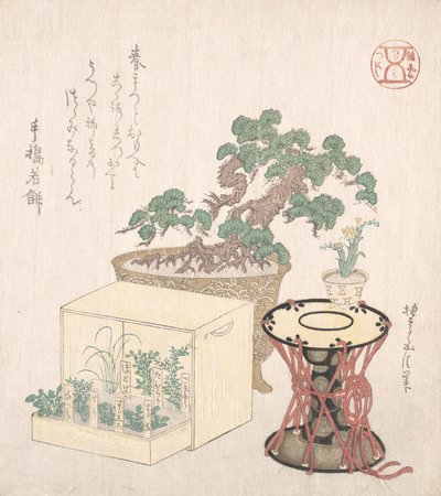 Krukad tall, trumma och sju örter planterad i en låda, 1700-1800-talet., 1700-1900-talet. av Sunayama Gosei