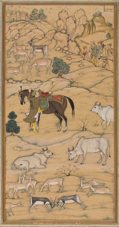 Akbar Mounting his Horse, sida från Chester Beatty Akbar Nama History of Akbar, 1605-07. av Sur Das Gujarati