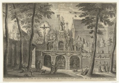 Stellage uppfört i Antwerpen med anledning av helgonförklaringen av Peter av Alcantara 1669 Bilder av stenstenen dekorerad för att hedra St Peter Alcantara i syne Canonization of the X. Sept. MDCLXIX till Antwerpen (titel på objekt) av Susanna Verbruggen (possibly)