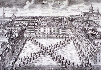 Fågelperspektiv över Charterhouse Square, Finsbury, London, c1750 av Sutton Nicholls
