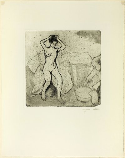 Catherine förbereder badet och Louise, naken, fixar sitt hår av Suzanne Valadon