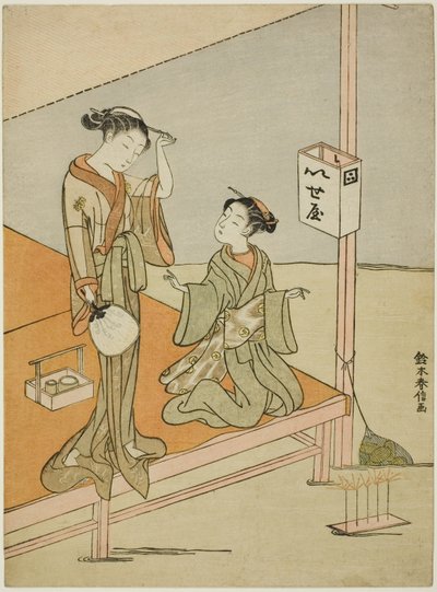 En kurtisan och hennes skötare på Riverside Teahouse Iseya av Suzuki Harunobu