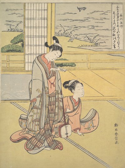 A Young Man and Woman with a Shamisen, Monk Saigyo, från en serie som anspelar på The Thre..., ca. 1768. av Suzuki Harunobu