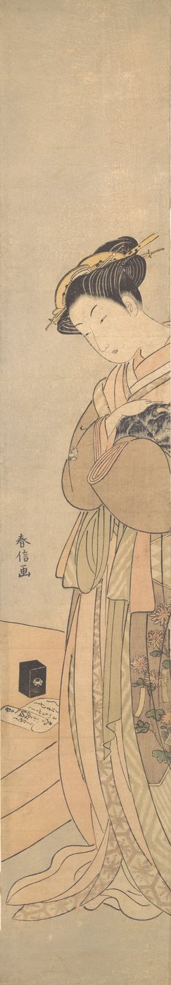 En Oiran som håller en svart hund, ca. 1769., ca. 1769. av Suzuki Harunobu