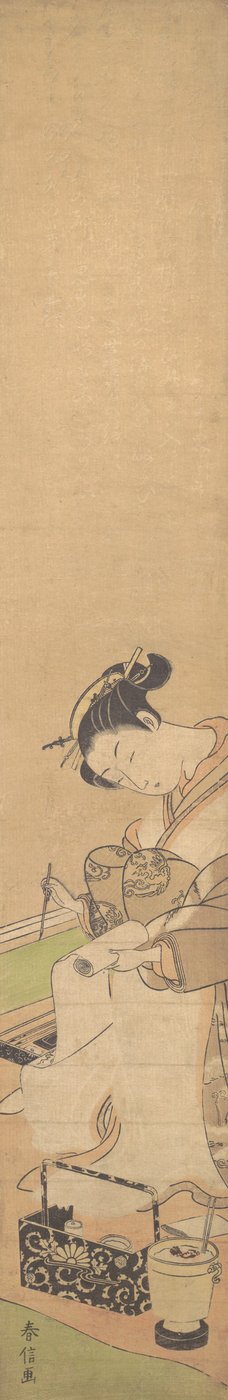En Oiran sitter på en säng och skriver ett brev, ca. 1769., ca. 1769. av Suzuki Harunobu