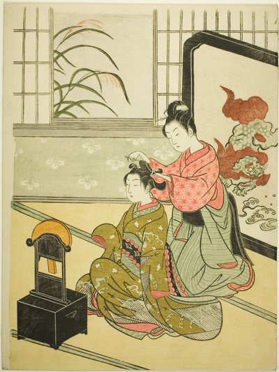 Autumn Moon in the Mirror (Kyodai no shugetsu), från serien "Eight Views of the Parlour (Zashiki hakkei)" av Suzuki Harunobu