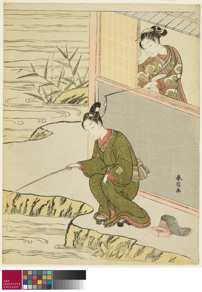 Skönhet retar en ung man som fiskar, ca. 1768 av Suzuki Harunobu