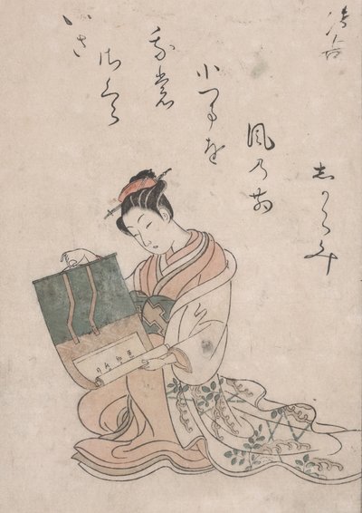 Beauty Unrolling Scroll, ca 1770 (träsnitt i färg på japanskt papper) av Suzuki Harunobu