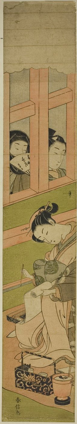 Courtesan som skriver ett brev som två män tittar genom ett fönstergaller av Suzuki Harunobu