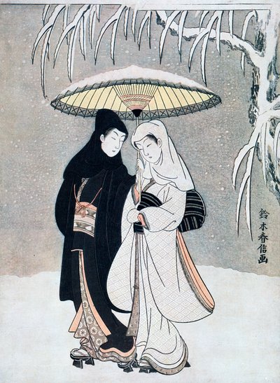 Kråka och häger, eller unga älskare som går tillsammans under ett paraply i en snöstorm, c1769. av Suzuki Harunobu