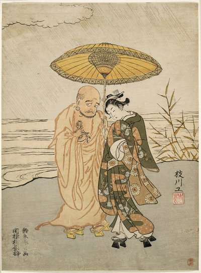 Daruma och en ung kvinna i regnet av Suzuki Harunobu