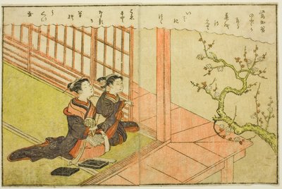 Dubbelsidig illustration från Vol. 1 av "Picture Book of Spring Brocades (Ehon haru no nishiki)" av Suzuki Harunobu