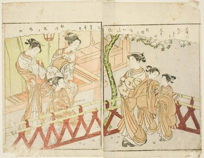 Dubbelsidig illustration från Vol. 2 av "Picture Book of Spring Brocades (Ehon haru no nishiki)" av Suzuki Harunobu