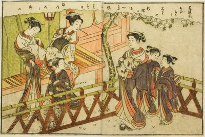 Dubbelsidig illustration från Vol. 2 av "Picture Book of Spring Brocades (Ehon haru no nishiki)" av Suzuki Harunobu