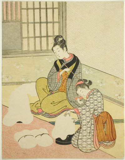 Evening Snow on a Floss Shaper (Nurioke no bosetsu), från serien "Eight Views of the Parlour (Zashiki hakkei)" av Suzuki Harunobu