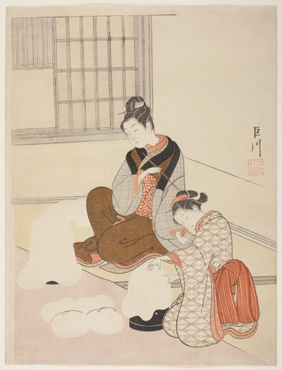 Evening Snow on a Floss Shaper (Nurioke no bosetsu), från serien "Eight Views of the Parlour (Zashiki hakkei)" av Suzuki Harunobu