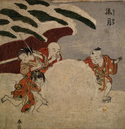 Fyra pojkar gör en snöboll, ca 1768 (träblock i färg) av Suzuki Harunobu