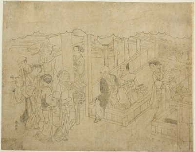 Nyckeltryck för The Introduction (Miai), det första arket från serien "Marriage in Brocade Prints, the Carriage of the Virtuous Woman (Konrei nishiki misao-guruma)" av Suzuki Harunobu