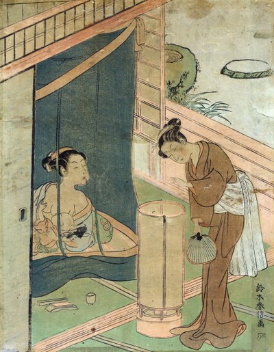 Mor och barn bakom myggnät av Harunobu Suzuki, en japansk designer av träklosstryckkonstnär i Ukiyo-e-stil. av Suzuki Harunobu