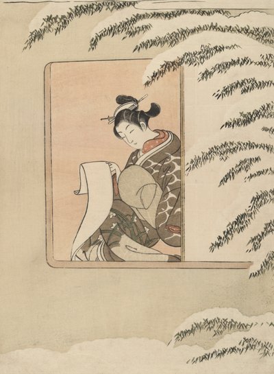 Parodi på Sun Kang, även känd som Snow by the Window av Suzuki Harunobu