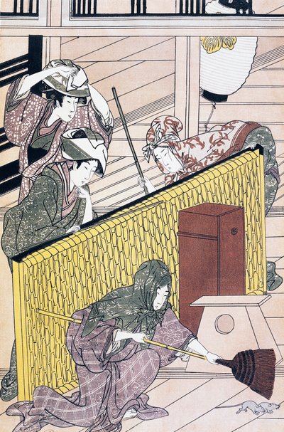 Tjänare som jagar möss i huset, ukiyo-e konsttryck av Suzuki Harunobu (1725-1770), träsnitt, japansk civilisation, Edo-period av Suzuki Harunobu