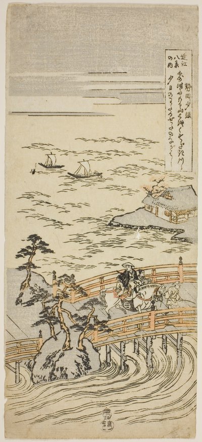 Sunset Glow at Seta (Seta Sekisho), från serien "Eight Views of Omi (Omi Hakkei No Uchi)" av Suzuki Harunobu