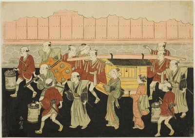 Bruden som rider i en palankin till sin makes hus (Koshi-iri), det tredje arket i serien "Äktenskap i brokadtryck, den dygdiga kvinnans vagn (Konrei nishiki misao-guruma)" av Suzuki Harunobu