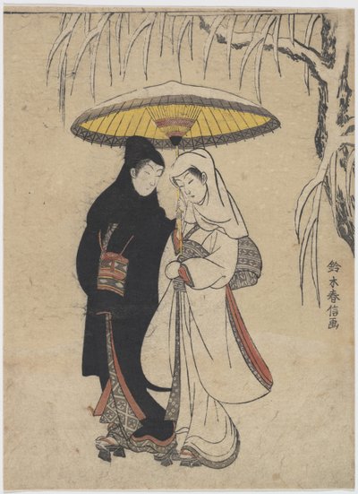 The Oriental Arts: Young Lovers Walking Together under an Paraply in a Snow Storm par Harunobu, Suzuki (1724-1770), ca 1769. Färgträsnitt, 25,7x19,1. Privat samling av Suzuki Harunobu