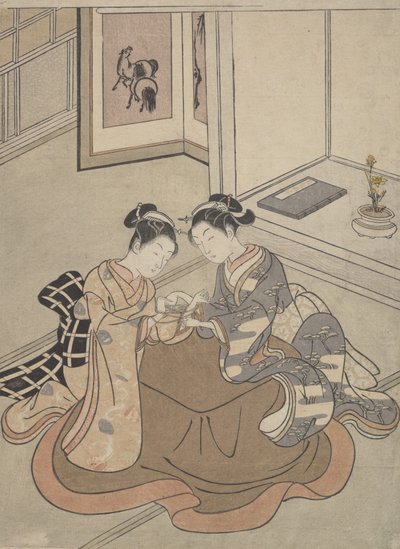 Två unga kvinnor som sitter vid en Kotatsu lekande kattvagga, ca. 1765., ca. 1765. av Suzuki Harunobu