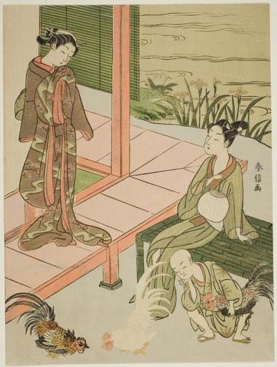 Tittar på en tuppkamp på kanten av verandan av Suzuki Harunobu