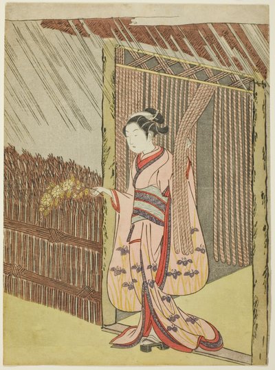 Kvinna som håller en gren av Kerria-blommor i regnet (parodi på Ota Dokan) av Suzuki Harunobu