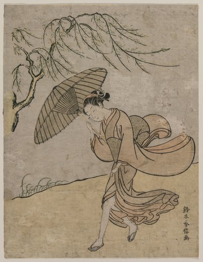 Kvinna som springer förbi ett pilträd i en bris, 1766 eller 1767. av Suzuki Harunobu